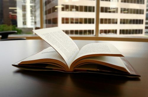 An open book sits on a desk in an office overlooking a city skyline through large windows.